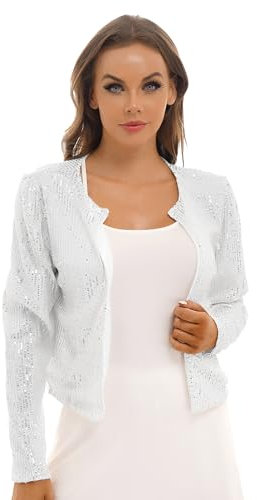 TTAO Damen Pailletten Bolero Kurze Jacke Blazer Langarm Offen Strickjacke Cardigan Festlich Elegant Vintage Glitzernd Tanz Kostüm Silber L