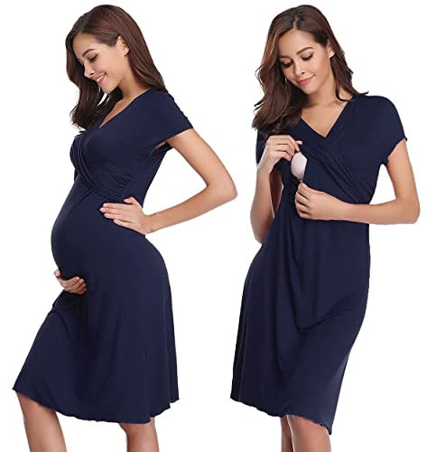 Irdcomps Chemise de Nuit Allaitement Coton Chemise Nuit Maternité Femme Robe Patineuse Maternité d'allaitement Robes Vêtements Grossesse Allaitement Pyjama à Manches Courtes Bleu Foncé S