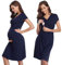 Irdcomps Chemise de Nuit Allaitement Coton Chemise Nuit Maternité Femme Robe Patineuse Maternité d'allaitement Robes Vêtements Grossesse Allaitement Pyjama à Manches Courtes Bleu Foncé S