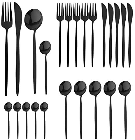 24 Pieces Couvert Noir Mat Couverts de Table Menagere Service de Table 6 Personnes avec Reutilisable Inox Fourchettes de Table Petite Cuillère Couteaux de Table | Noir