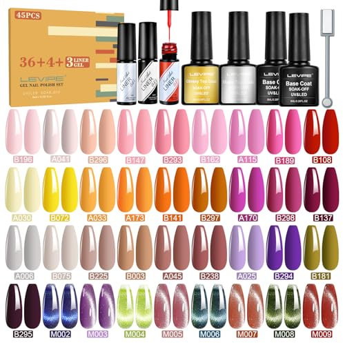 LEVIPE 44Pcs Vernis Semi Permanent Gel UV LED , 36 Couleurs + 2 Base +1 Top Coat Brillant +1 Top Coat Matte +3 Liner Gel Nail Art, Noir, Blanc, Rouge +1 Bande Magnétique œil de Chat, 8ML