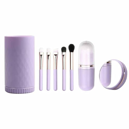 Coshine Lot de 6 pinceaux de maquillage de voyage portables 6 en 1 avec support et miroir Violet