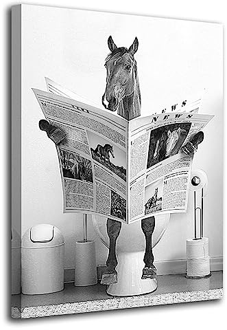 tigeridge Lustiges Pferd Badezimmer Leinwand Wandkunst Schwarz und Weiß Lustiges Bild Wanddekoration Bauernhaus Badezimmer Wanddekoration Pferd sitzend auf Toilette Lesen Zeitung Kunstwerk fertig zum