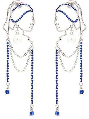 Einzigartiges abstraktes Gesicht Art baumelnde Ohrringe für Frauen Mädchen Umriss Strass Tassel Dény Hollow aus Ohrringe Schmuck Mode baumelt lange Aussage leichte Ohrringe... (Silver Blue Diamond)