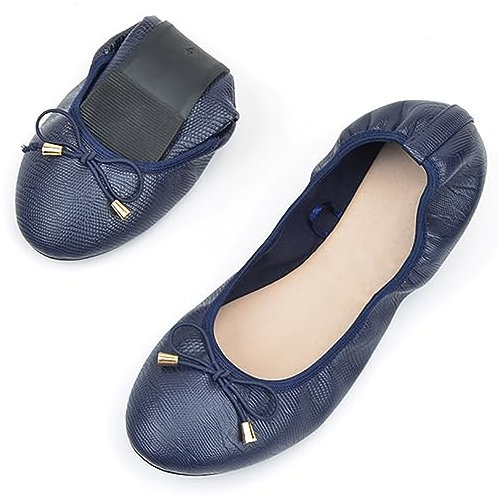 Dernolsea Ballet Flats for Women, Slip On Foldable Ballet Pumps Bow Tie Flat Dolly Ballerina Shoes Navy Blue Size 5