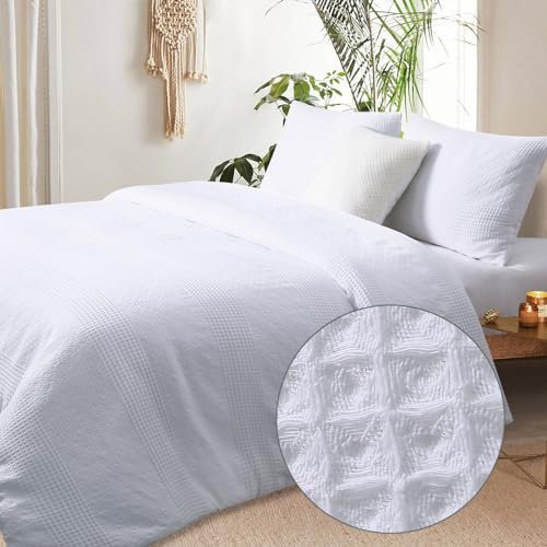YINFUNG Waffel-Bettwäsche-Set, für King-Size-Bett, Baumwolle, strukturiert, gestreift, Waffelgewebe, Strick-Bettwäsche-Set, knackiges Weiß, Bauernhaus, luxuriös, 104 x 90 cm