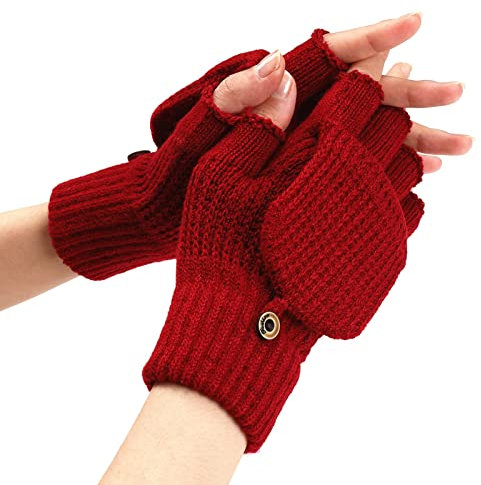 Winter Handschuhe Fingerlose Fäustlinge Damen Strick Fingerhandschuhe Fingerlos mit Umklappbare Fingerkuppen Warme Handschuhe Laufen Radfahren Fahren für Skifahren Wandern (Red, One Size)