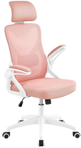 Yaheetech High Back Home Office Chair Ergonomic Swivel Desk Chair with Arms and Height Adjustable Back Support for Home Study or Manager Work White/Pink
