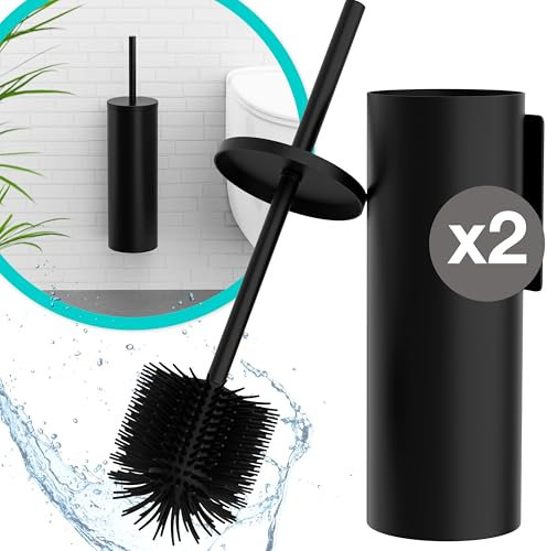 Hovea - 2 Kits Brosse WC Suspendu - Brosse Silicone & Boitier Métal - Coloris Noir Mat - sans Perçage - Fixation Murale avec Sticker ou Vis - Balai Brosse Toilettes Décoration - WC3620
