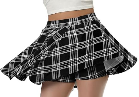 Jupe d'été pour femme - Grande élasticité - Décontractée - Coupe A - Taille haute - Jupe patineuse légère avec pantalon - Mini jupe de tennis polyvalente, Noir et blanc à carreaux, M