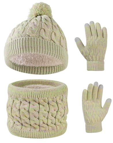 Waylipun Wintermütze Schal Handschuhe Set für Mädchen Jungen, 3 in 1 Warm Winte Strickmütze Kinder Mütze Set mit Plüsch Innenfutter für Kinder 3-10 Jahre (Grün-Mix)