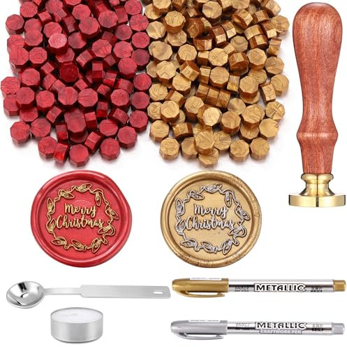 Filhome Weihnachten Wachs Siegelstempel Set 130 Stück Siegelwachs Perlen Gold & Rot mit Merry Chrismas Wachssiegel Stempel für Weihnacht (#1)
