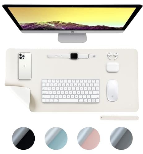 DesireTech Reversible Medium Office Desk Mat- Dual-Sided Desk Mat, Waterproof Faux Leather Table Surface Protector Desk- Laptop Mat & Mouse Pad (Ivory/Silver, Medium (40 x 80cm)