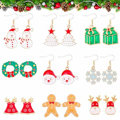 Sibba 9 Paar Weihnachten Tropfen Ohrringe Weihnachtsschmuck Hängend Ohrhänger Schneeflocke Weihnachtsbaum Schneemann Elch Weihnachtsmütze Weihnachts Ohrringe für Mädchen Damen Christmas Earrings StilB
