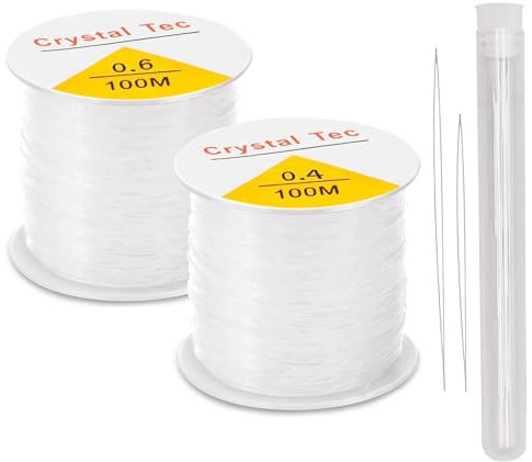 2 Spule Gummiband für Armbänder,0.4mm x 100m und 0.6mm x100m Elastische Schmuckfaden,Transparent Nylonschnur für Armbänder mit Perlennadel,Reißfest Armband Schnur für Perlenschmuck Armbänder, DIY Bast