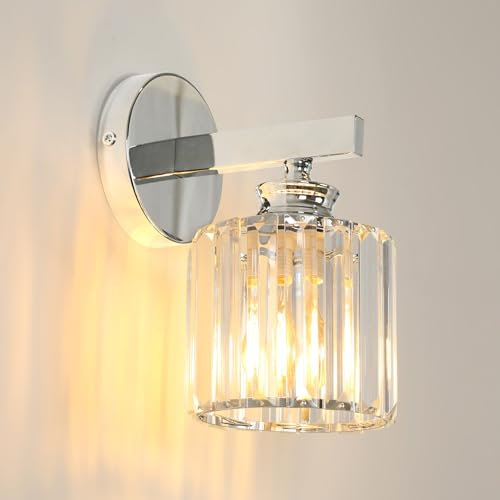 Pheashine Modern Crystal Wall Light Sconce, E27 Elegant Silver Round Wall Lamp for Bedroom, Living Room, Hallway
