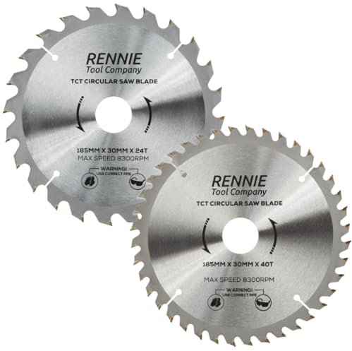 2 Pack - 185mm x 24T & 40T TCT Circular Saw Blades x 30mm Bore + 25mm/20mm/16mm Bore Reduction Rings Fits Evolution Bosch Makita Ryobi Dewalt Circular Saws Etc. Fits 190mm Circular Saw