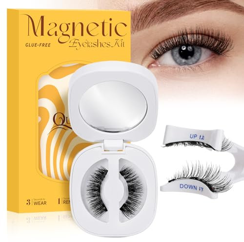 QUEWEL Magnetic Eyelashes Natural Look, Reusable Magnetic Eyelashes with Applicator, No Glue Needed False Lashes without Eyeliner, Easy to Wear and Remove(GDCX style D)