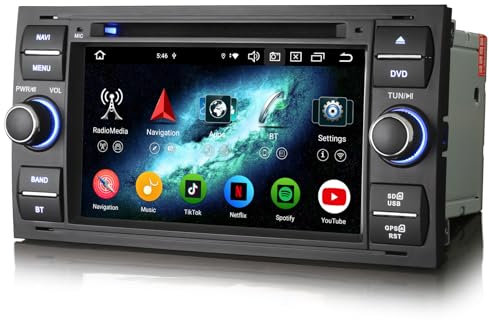 Erisin 8-Kern 4GB+64GB Android 14 Autoradio CD mit GPS Navi für Ford Fiesta Focus Transit Galaxy C-Max S-Max Kuga 7 Zoll IPS Bildschirm Bluetooth 5.0 CarPlay Android Auto DSP WiFi 4G DAB+ OBD2 DVD