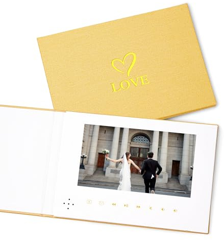 GXNI Luxury Linen Video Book - LOVE Gold Foil Heart, 17.8 cm IPS Display, 4GB Memory, Rechargeable Battery, Up to 3 Hours HD Video, Perfect for Weddings and Special Occasions