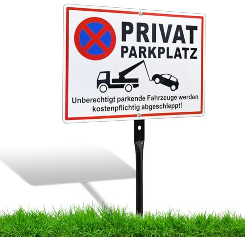 Privatparkplatz Schild mit Pfosten Alu 35x25 cm mit Löchern für Zaun, Reflektierend Schilder für Parkplatzschild Parken Verboten Schild