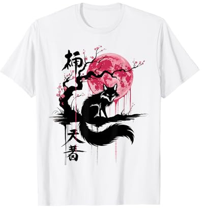 Japanese Fox with Cherry Blossom Tree Japanese Fox Art T-Shirt