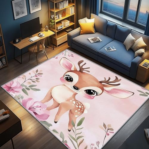 AevuCub Hirsch Deko, Süße Hirschmotiv Waldtiere Teppich 80x150 Kurzflor, Kleiner Teppich Wohnzimmer Rosa Mädchen, Weich rutschfest Waschbare Teppiche, Bettvorleger Schlafzimmer Kinderzimmer