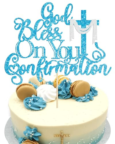 Ephlyn 1Pcs God Bless On You Confirmation Cake Topper with Cross Glitter First Communion Cake Pick for for Christening Baptism Baby Shower Birthday Party Cake Decorations Supplies Blue