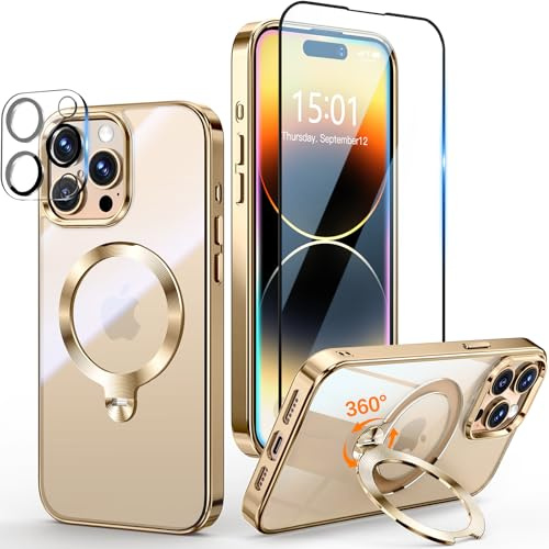 [Tri-Shield Protection] for iPhone 14 Pro Max Case with 360° Spin Stand Compatible with MagSafe [Magnetic CD Ring] [Screen & Camera Lens Protector] Shockproof Plating Never-Yellowing, Gold-6.7