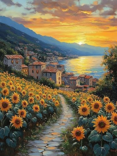 Malen Nach Zahlen Sonnenuntergang, Sonnenblume Malen Nach Zahlen Erwachsene, Ölgemälde für Erwachsene DIY Kit mit 3 Pinseln und Acrylfarbe Knitterfreie Leinwand für Zimmer Wanddeko 40X50CM, Model 38