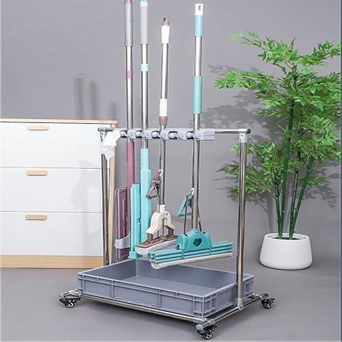 QYDZSHOP Mop Holder Broom Holder Storage for Cleaning Equipment, Mobile Cleaning Trolley, with 5Spring Clip, 6Hooks and Plastic Solves The Problem Of Dripping Mops and Wet Floors
