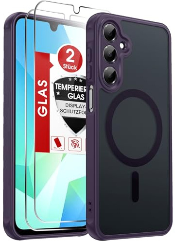 LeYi für Samsung Galaxy A16 5G Hülle für Magsafe mit 2X Panzerglas-Violett | Handyhülle Ultra Dünn Magnetisch Schutzhülle Schutzglas Matt Transluzent Stoßfest Handy Phone Case Cover 128gb A 16