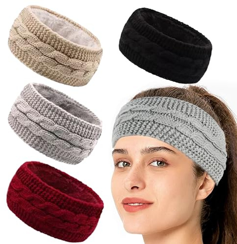 GWAEPU 4 Stück Stirnband Damen Winter: Gestrickt Ohrenwärmer mit Fleece Innenfutter Warmes Elastische Haarband für Joggen Fitness Yoga Skifahren Outdoor Aktivitäten
