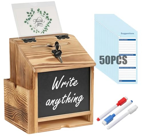 Holz Vorschlagsbox - Spendenbox Abschließbar, Wahlurne Spendenbox mit 50 Vorschlagskarten, Kommentarbox Abschließbare Spendenbox Losbox, Vorschlagsbox für Kommentare Stimmzettel Spenden (20*17*23cm)