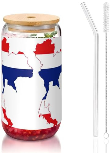 JEJEA Glasbecher mit Thailand-Flagge, Bambusdeckel und Strohhalmen, Kaffeetasse, Dosenform, Gläser, Cocktail, transparent