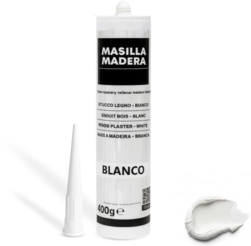 Masilla Madera Blanca, Ideal para rellenar y y reparar madera al interior, Masilla lista al uso, Rellenadora de agujeros, Formato cartucho para pistola, Color Blanco, Contiene 400 gramos