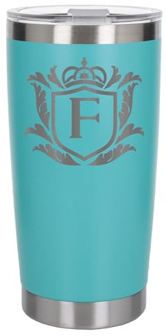 Customised Gifts 500ml Engraved Shield Initial Monogram Insulated Personalised Turquoise Travel Mug for Men and Women - Personalised Initial Coffee Travel Mug for Hot and Cold Beverages, Letter F
