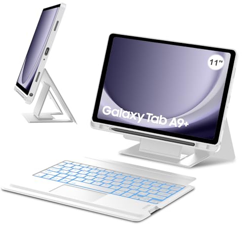 Occtingkind Ergonomisch Hülle für Galaxy Tab A9+Plus 11 mit Tastatur QWERTZ | Mit 7-Farben Beleuchtung & Touchpad - Höhenverstellbarer Ständer für Arbeiten, Für Galaxy Tab A9+ Hülle mit Tastatur Weiß