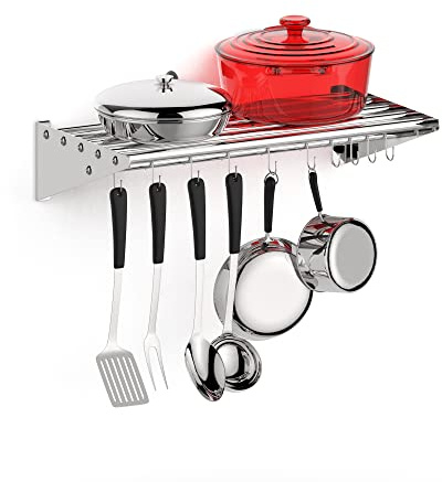 Aptliton Stainless Steel Wall Mounted Pot Rack, 10 Hanging Hooks Pot and Pan Organizer with Side Guards, Heavy Duty 145Lbs Capacity Storage Shelf for Home & Restaurant Kitchen, 24 * 12 inch