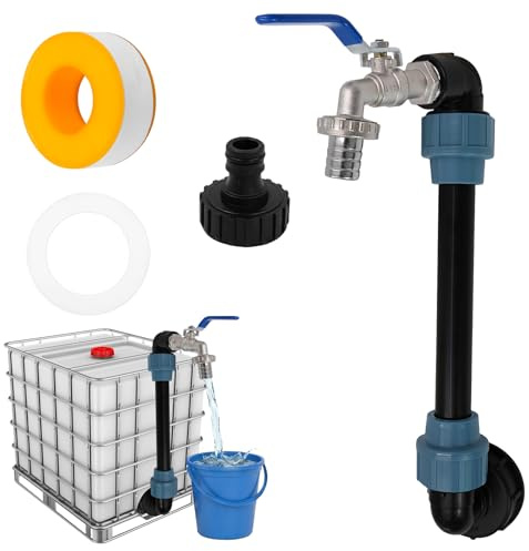 IBC Kit de robinet d'écoulement de réservoir – Robinet réglable en hauteur de 25 cm avec vanne sphérique de 3/4, kit complet pour conteneurs IBC de 1000 l, tonneaux de pluie et réservoirs d'eau