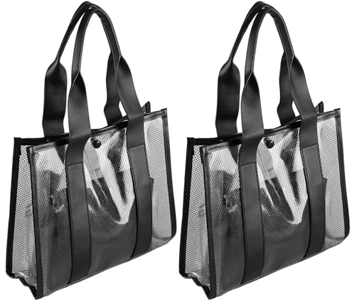 CHUENHEI 2 Stück 34x28x10cm Transparente Tragetasche Groß, PVC Durchsichtige Tasche Handtasche Organizer Aufbewahrung, Transparente Tote Bag für Stadion, Sport, Shopping, Strand