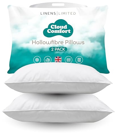 Linens Limited - Soft Pillows 2 Pack, Made in the UK, Cloud Comfort, Soft and Firm with Orthopedic Support, Non-Allergenic Polycotton Polyester Hollowfibre, Machine Washable (White)