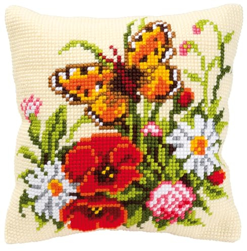 Vervaco Kreuzstich Stickpackungen Kissen Stickerei Set Anfänger Vorgedruckt Blumen mit Schmetterling DIY Set Kreativ Set Für Erwachseneca. 40 x 40 cm Bastelset Handwerker Haus Dekoration