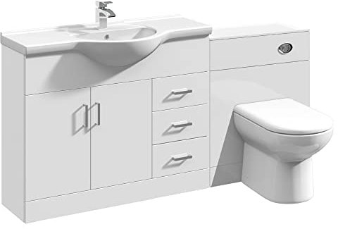 VeeBath Linx 1650 Vanity Unit Furniture Set, Wash Basin Bathroom Sink, WC, BTW Toilet Pan, Soft Close Toilet Seat, Concealed Cistern-White (Flat Pack)