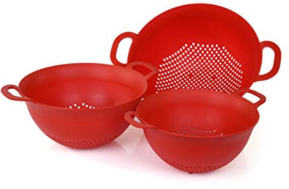 Mintra Home Plastic Strainer Colanders Set: 3, 3.5 and 5 Quart (Red) Double Strong Handles and Deep Bowl, Safe BPA-Free - Use for Pasta, Noodles, Spaghetti, Vegetables (Assorted Sizes 3pk)