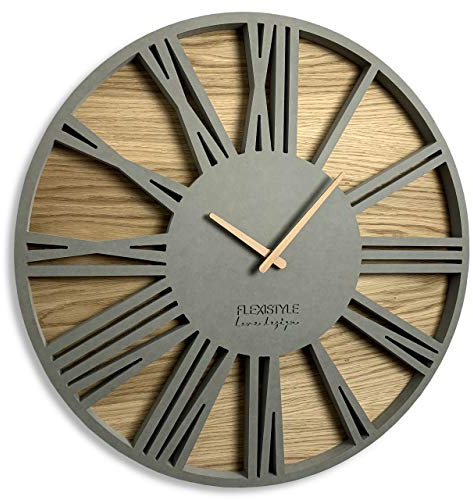 FLEXISTYLE Groß wanduhr ohne tickgeräusche Roman LOFT Grau 50cm, Wohnzimmer, Schlafzimmer, in EU hergestellt