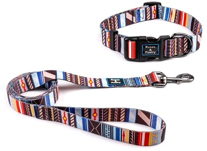 Roses&Poetry Hundeleine (1,5m) Hundehalsband im Set für Welpen Kleine Mittlere Große Hunde mit Wundervolles Design,Verstellbar Pet Hundehalsband und Hundeleine Leine Set（Streifen-M）