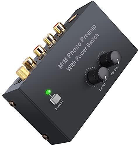 LiNKFOR Phono-Vorverstärker Phonograph-Vorverstärker Ultra-Kompakter Vorverstärker mit Netzschalter Lautstärkeregler Cinch Eingang/Ausgang 1/4'' TRS-Ausgang DC 12V für Plattenspieler mit MM-Abtast