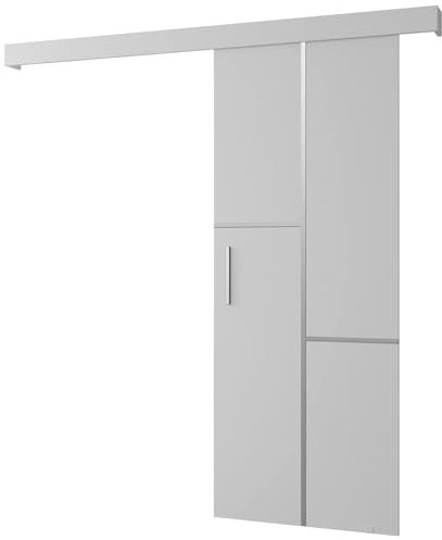 KRYSPOL Schiebetürsystem Salwador 7 Komplett-Set für Schiebetüren, Trennwände Innentüren, Modern Design (weiß matt/Gitter: weiß matt/Griff und Streife: Silber)