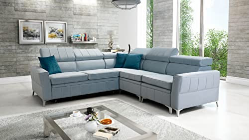 All4All Ecksofa mit Schlaffunktion Bari IV 262 x 272 cm - Eckcouch mit Bettkasten - Wohnlandschaft in L-Form - Schlafsofa - Rechte Seite - Hellblau - Modern - Velvetstoff 26